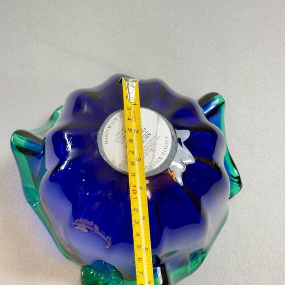 Vintage Italian Murano Style Art Glass Bowl, Cobalt Blue, Green Crest Edge 8" - Picture 12 of 15